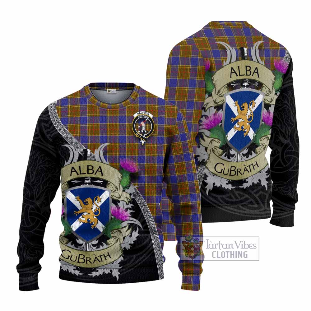 Tartan Vibes Clothing Balfour Tartan Family Crest Knitted Sweater Lion Rampant Royal Thistle Shield Celtic Inspired