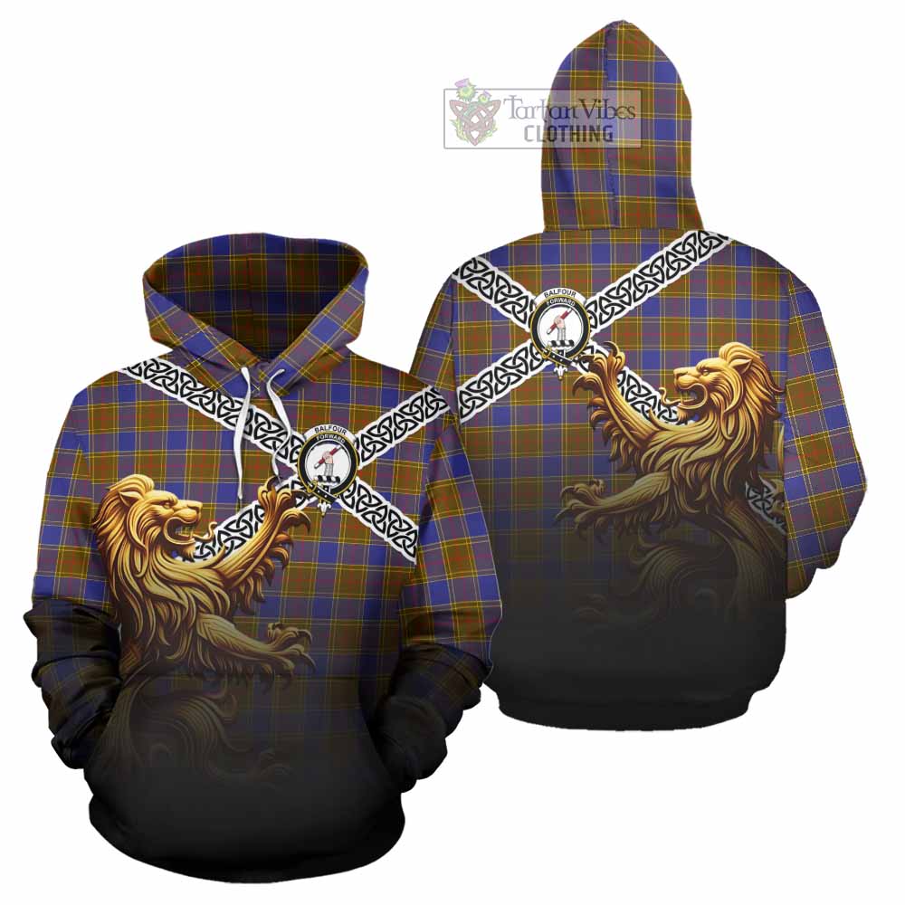 Tartan Vibes Clothing Balfour Crest Tartan Hoodie with Golden Lion Emblem Celtic Style