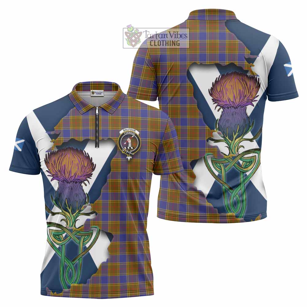 Tartan Vibes Clothing Balfour Tartan Family Crest Zipper Polo Shirt Scottish Thistle Celtic Inspired