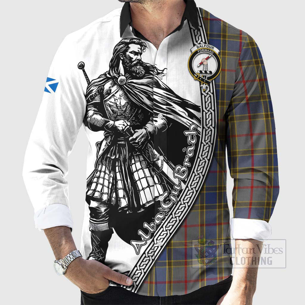 Balfour Tartan Clan Crest Long Sleeve Button Shirt with Highlander Warrior Celtic Style - Tartan Vibes Clothing
