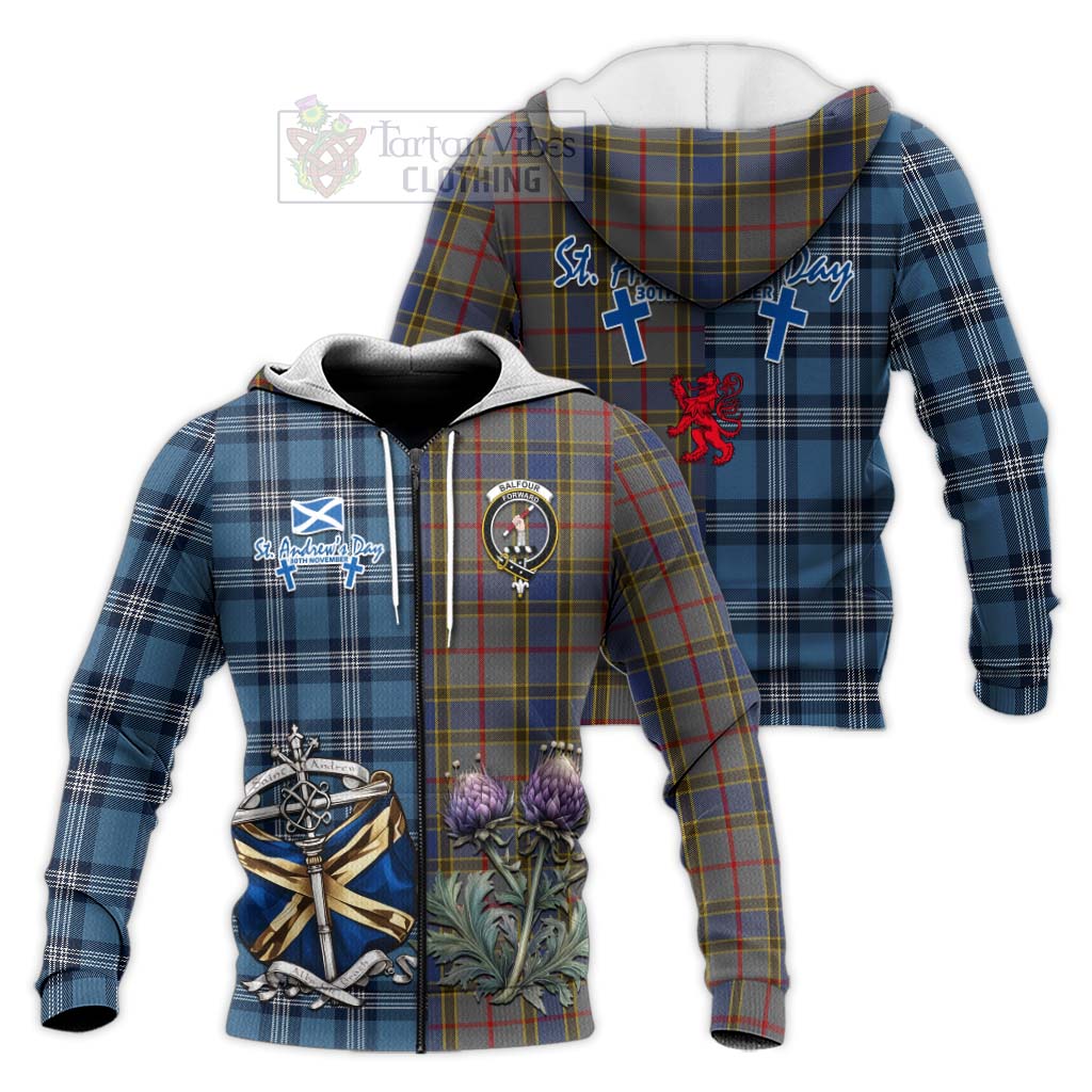 Tartan Vibes Clothing Balfour Tartan Knitted Hoodie Happy St. Andrew's Day Half Tartan Style