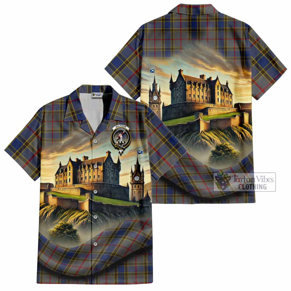 Tartan Vibes Clothing Balfour Tartan Family Crest Short Sleeve Button Shirt with Scottish Ancient Castle Style