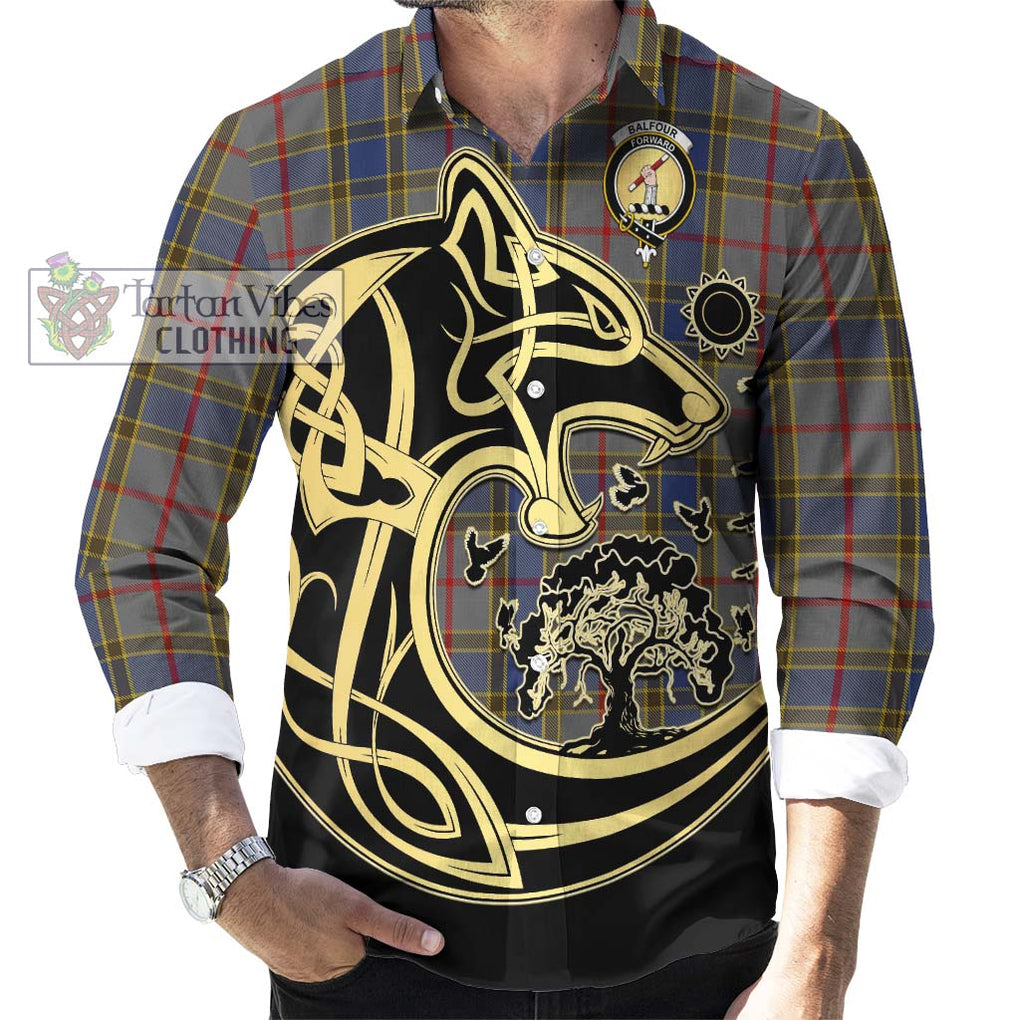 Balfour Tartan Long Sleeve Button Shirt with Family Crest Celtic Wolf Style - Tartan Vibes Clothing