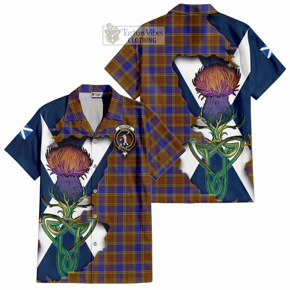Tartan Vibes Clothing Balfour Tartan Family Crest Short Sleeve Button Shirt Scottish Thistle Celtic Inspired