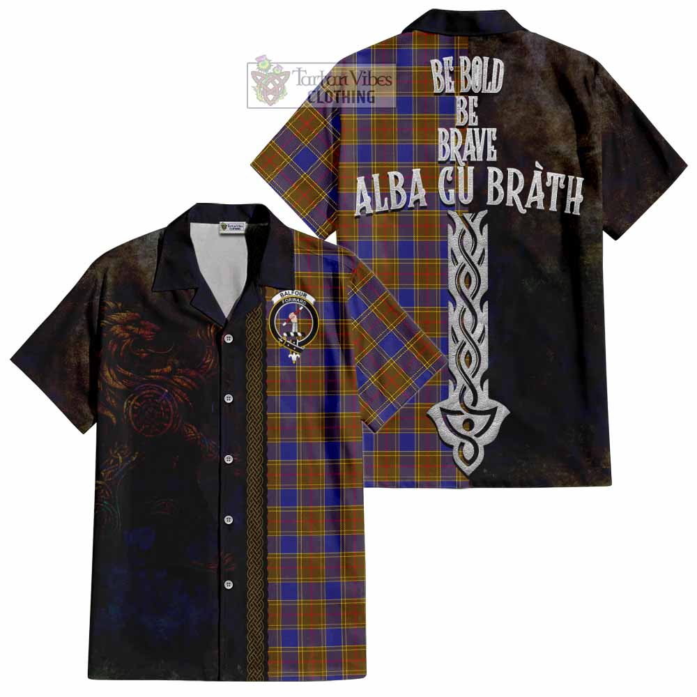 Tartan Vibes Clothing Balfour Tartan Family Crest Short Sleeve Button Shirt Alba Gu Brath Be Brave Lion Ancient Style