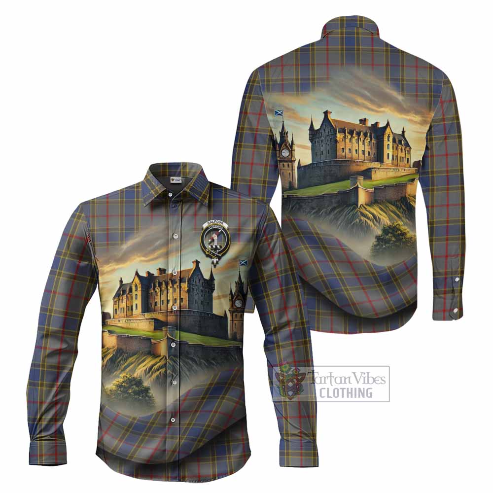 Tartan Vibes Clothing Balfour Tartan Family Crest Long Sleeve Button Shirt with Scottish Ancient Castle Style
