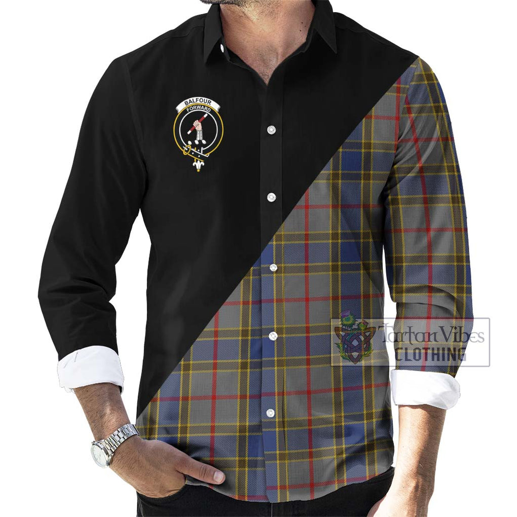 Balfour Tartan Long Sleeve Button Shirt with Family Crest and Military Logo Style - Tartanvibesclothing Shop