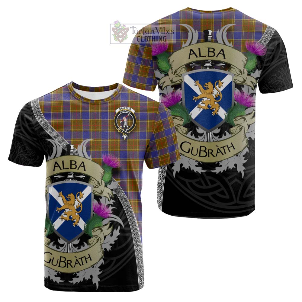 Tartan Vibes Clothing Balfour Tartan Family Crest Cotton T-shirt Lion Rampant Royal Thistle Shield Celtic Inspired