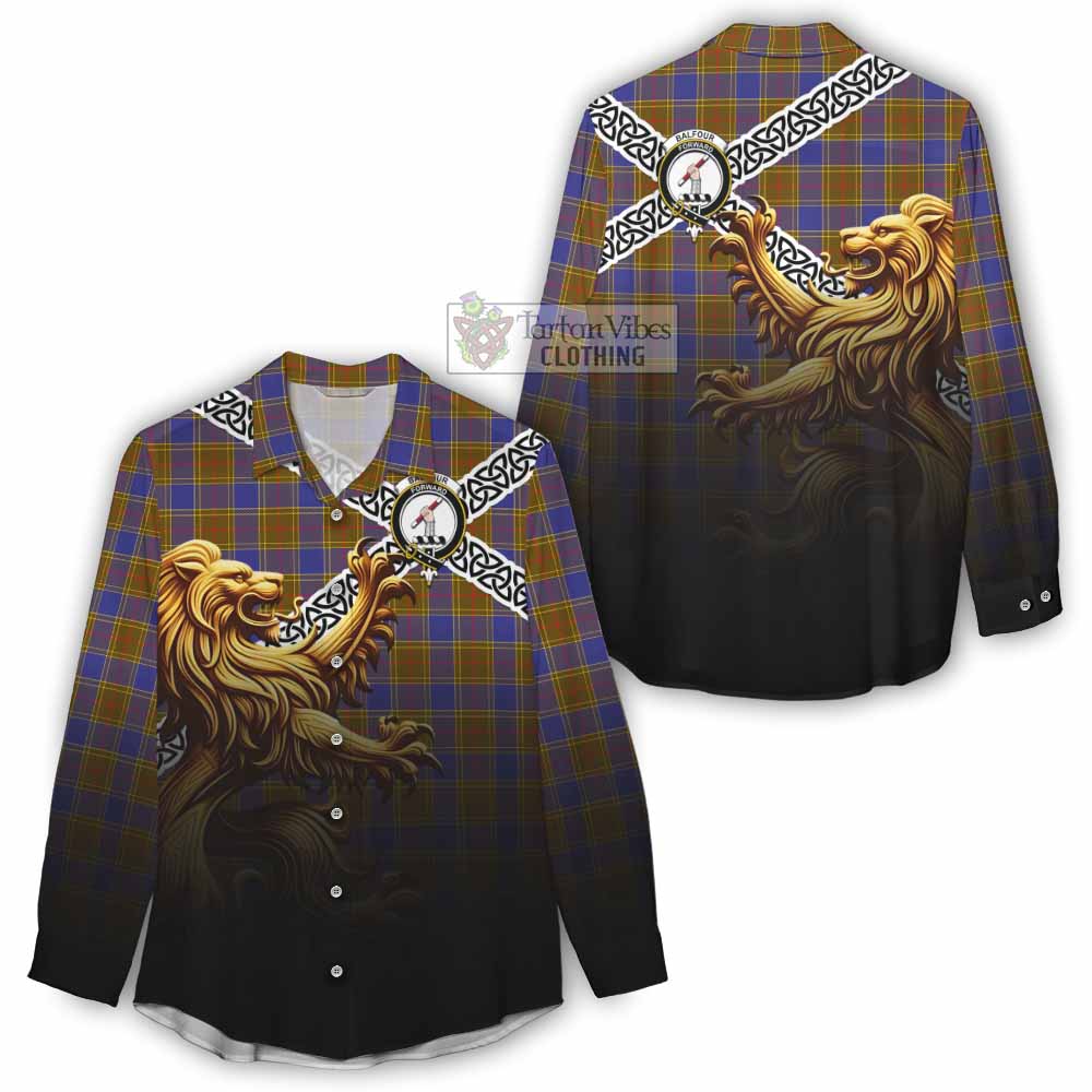 Tartan Vibes Clothing Balfour Crest Tartan Women's Casual Shirt with Golden Lion Emblem Celtic Style
