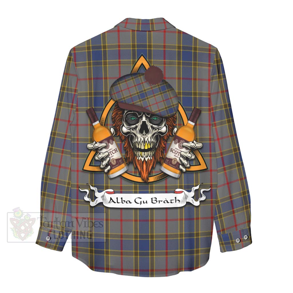 Tartan Vibes Clothing Balfour Tartan Women's Casual Shirt with Family Crest and Bearded Skull Holding Bottles of Whiskey