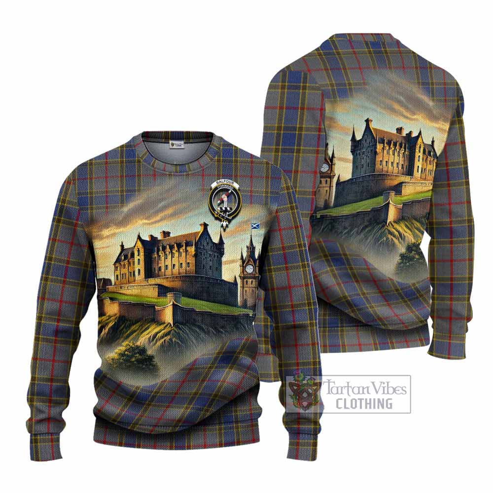 Tartan Vibes Clothing Balfour Tartan Family Crest Knitted Sweater with Scottish Ancient Castle Style
