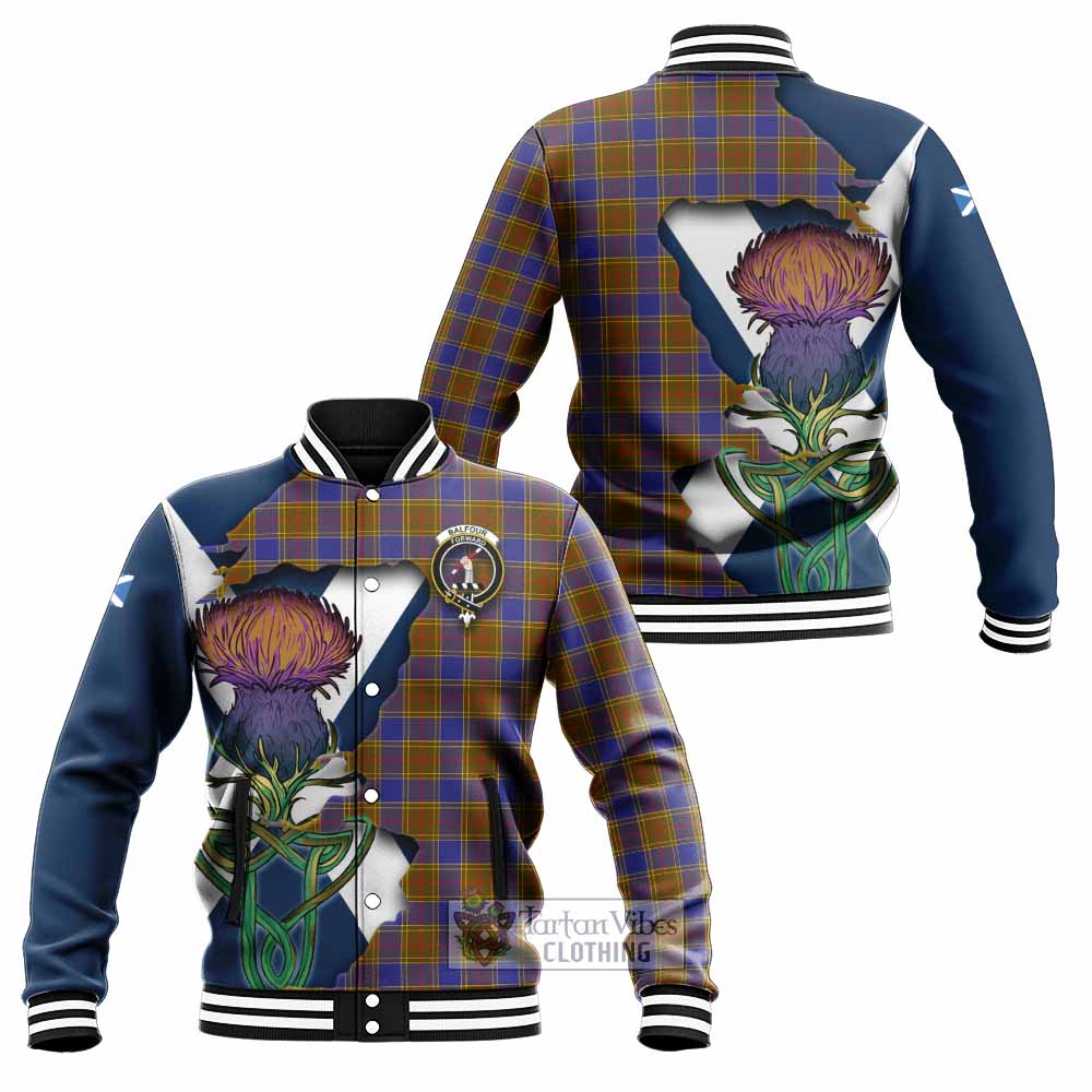 Tartan Vibes Clothing Balfour Tartan Family Crest Baseball Jacket Scottish Thistle Celtic Inspired