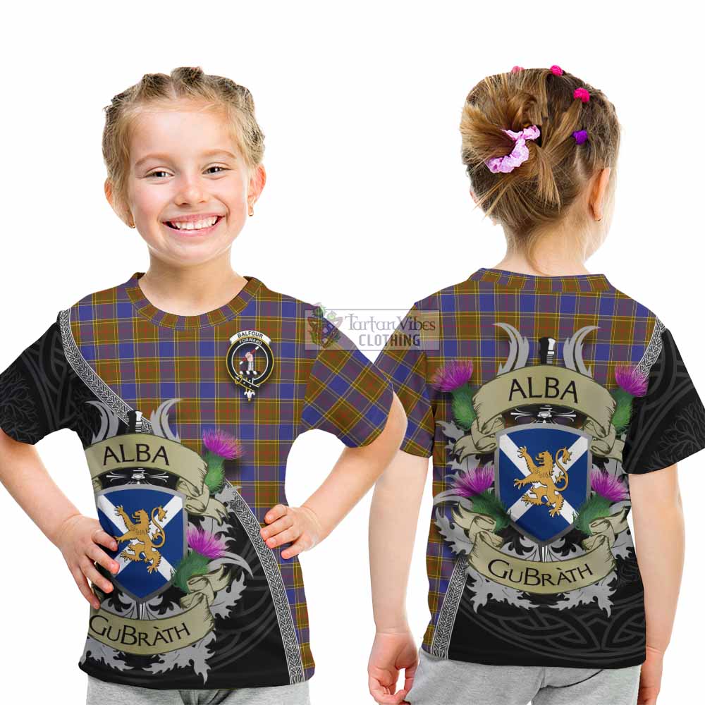 Tartan Vibes Clothing Balfour Tartan Family Crest Kid T-Shirt Lion Rampant Royal Thistle Shield Celtic Inspired