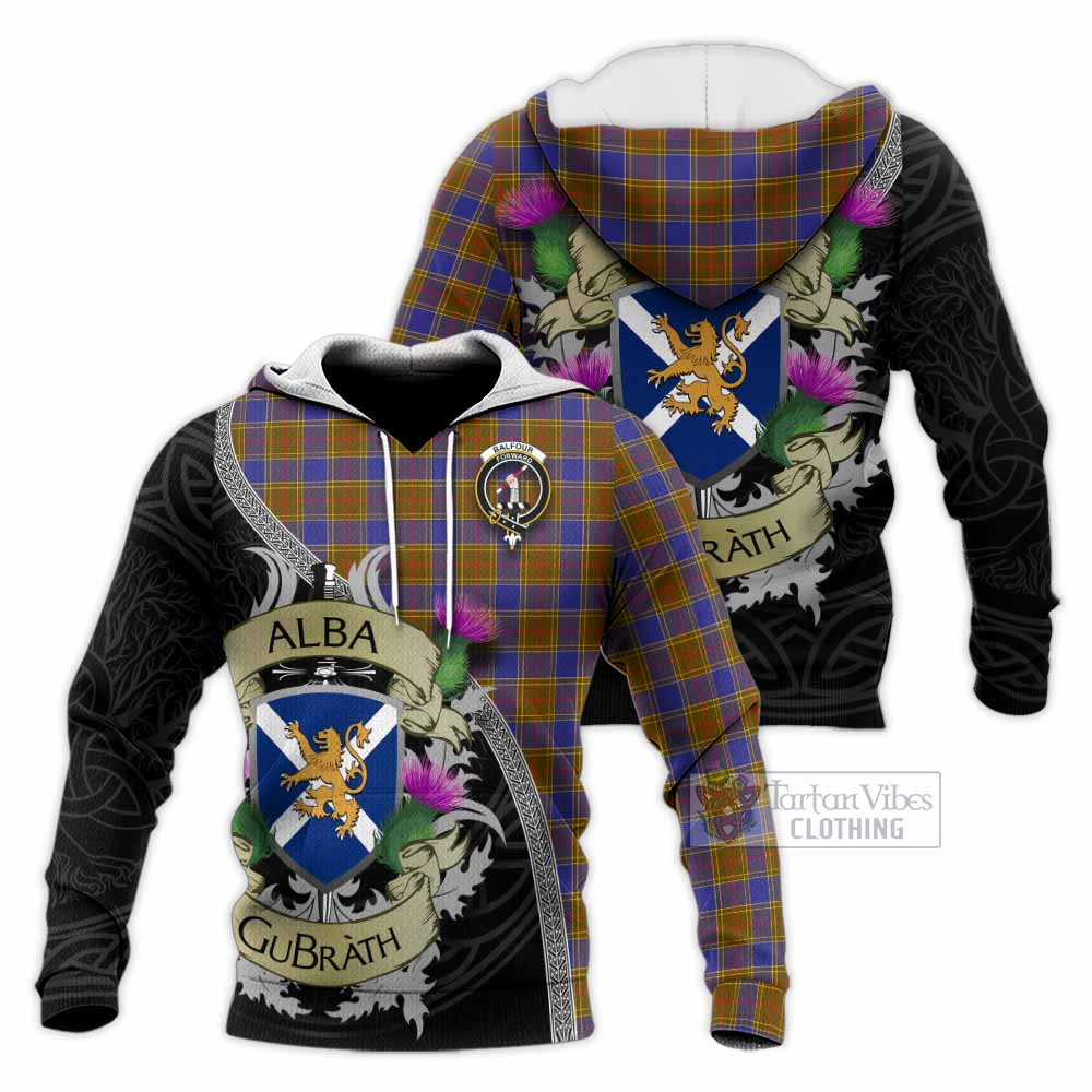 Tartan Vibes Clothing Balfour Tartan Family Crest Knitted Hoodie Lion Rampant Royal Thistle Shield Celtic Inspired