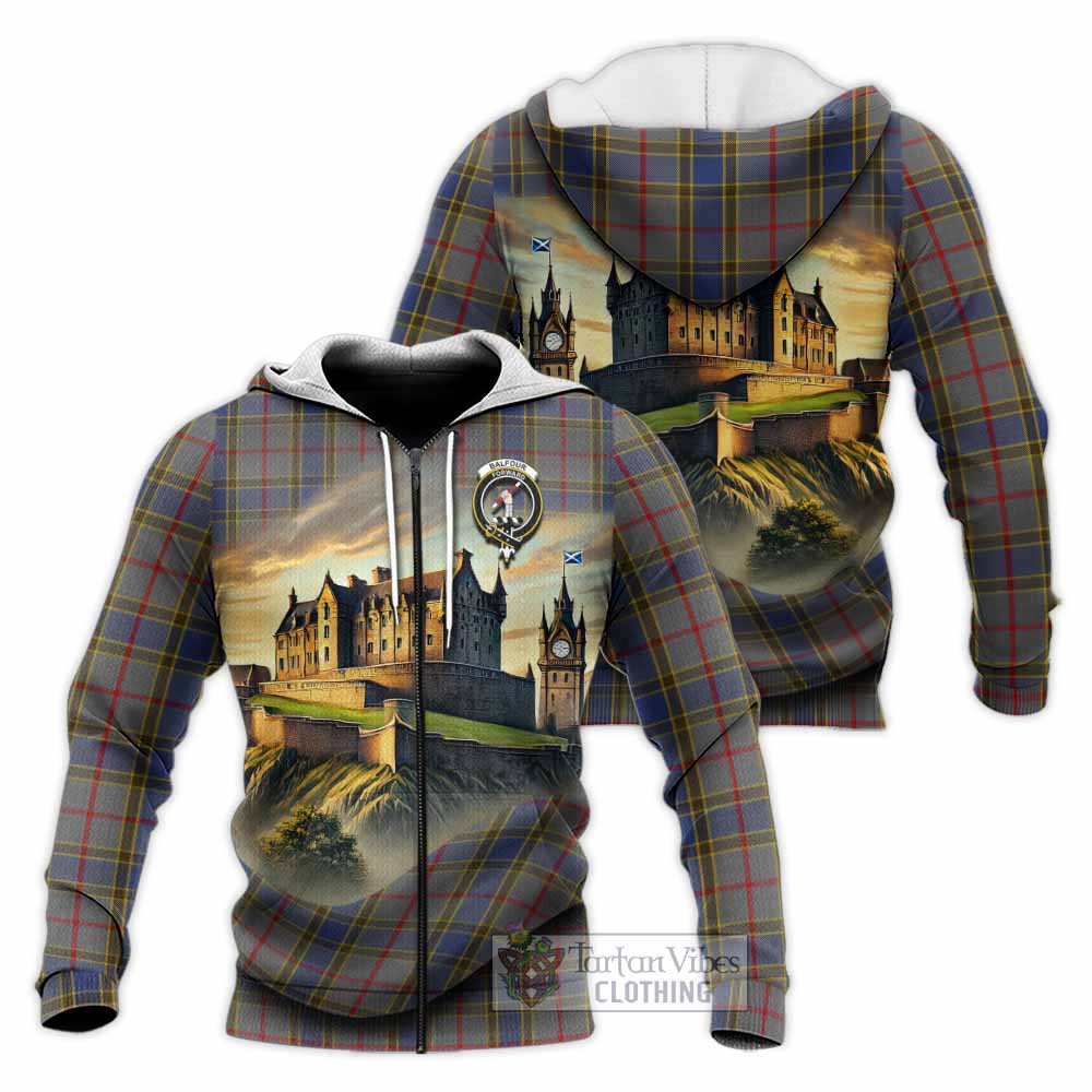 Tartan Vibes Clothing Balfour Tartan Family Crest Knitted Hoodie with Scottish Ancient Castle Style