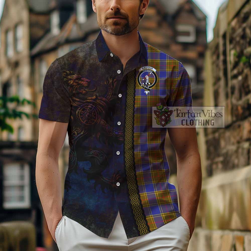 Tartan Vibes Clothing Balfour Tartan Family Crest Short Sleeve Button Shirt Alba Gu Brath Be Brave Lion Ancient Style