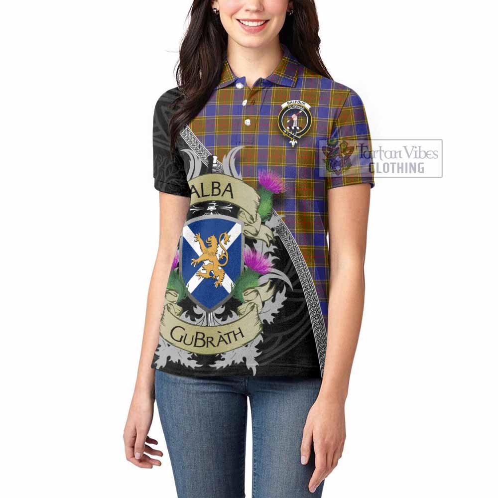 Tartan Vibes Clothing Balfour Tartan Family Crest Women's Polo Shirt Lion Rampant Royal Thistle Shield Celtic Inspired