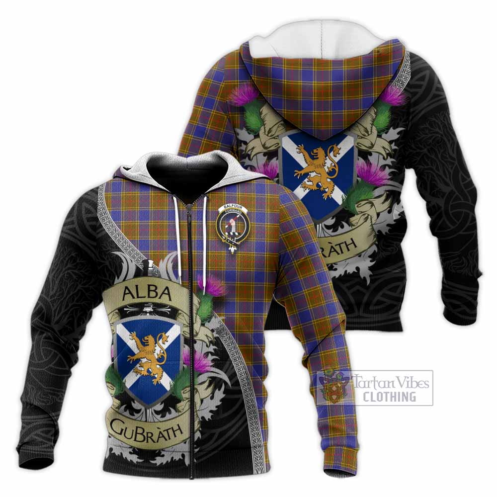 Tartan Vibes Clothing Balfour Tartan Family Crest Knitted Hoodie Lion Rampant Royal Thistle Shield Celtic Inspired