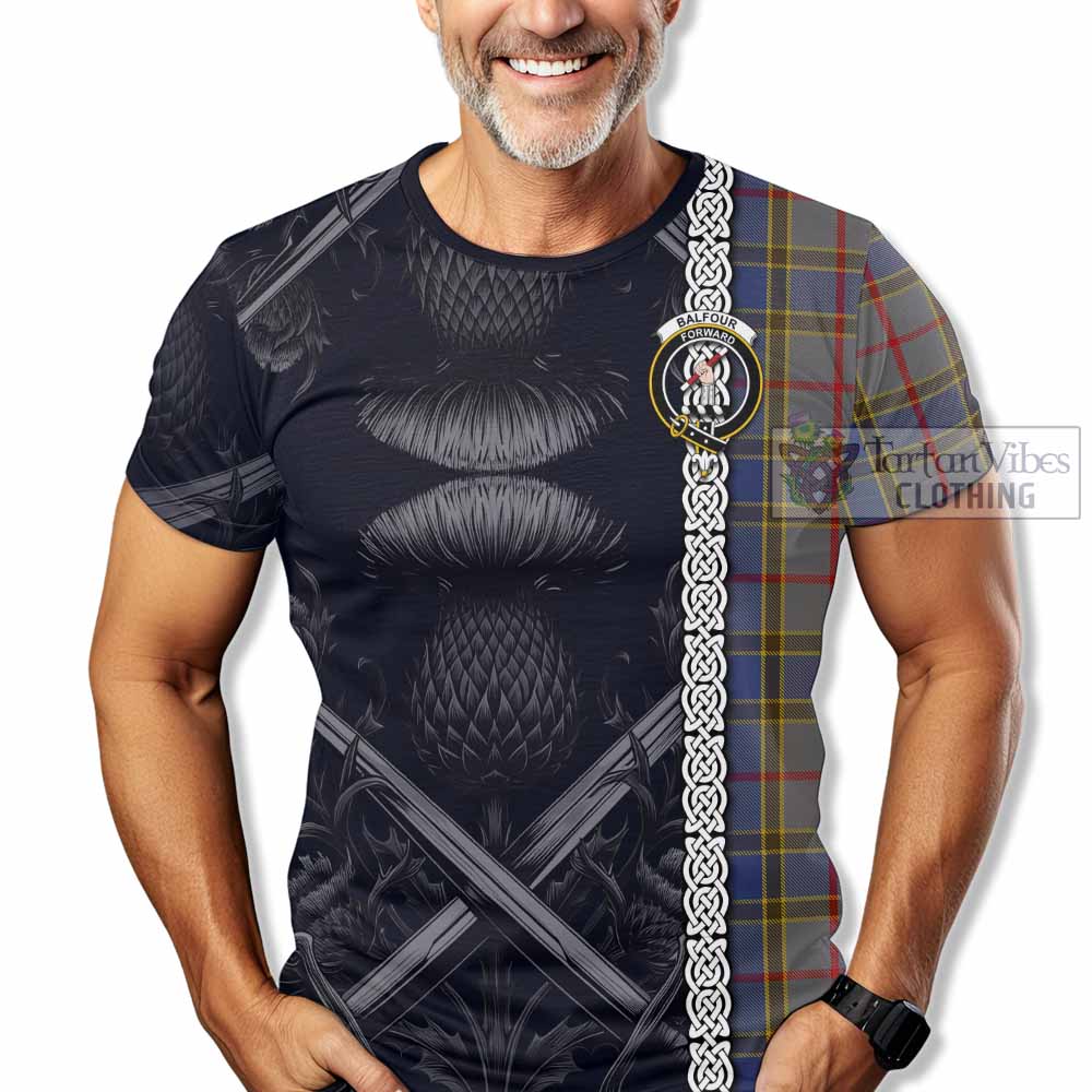 Tartan Vibes Clothing Balfour Tartan T-Shirt with Family Crest Cross Sword Thistle Celtic Vibes