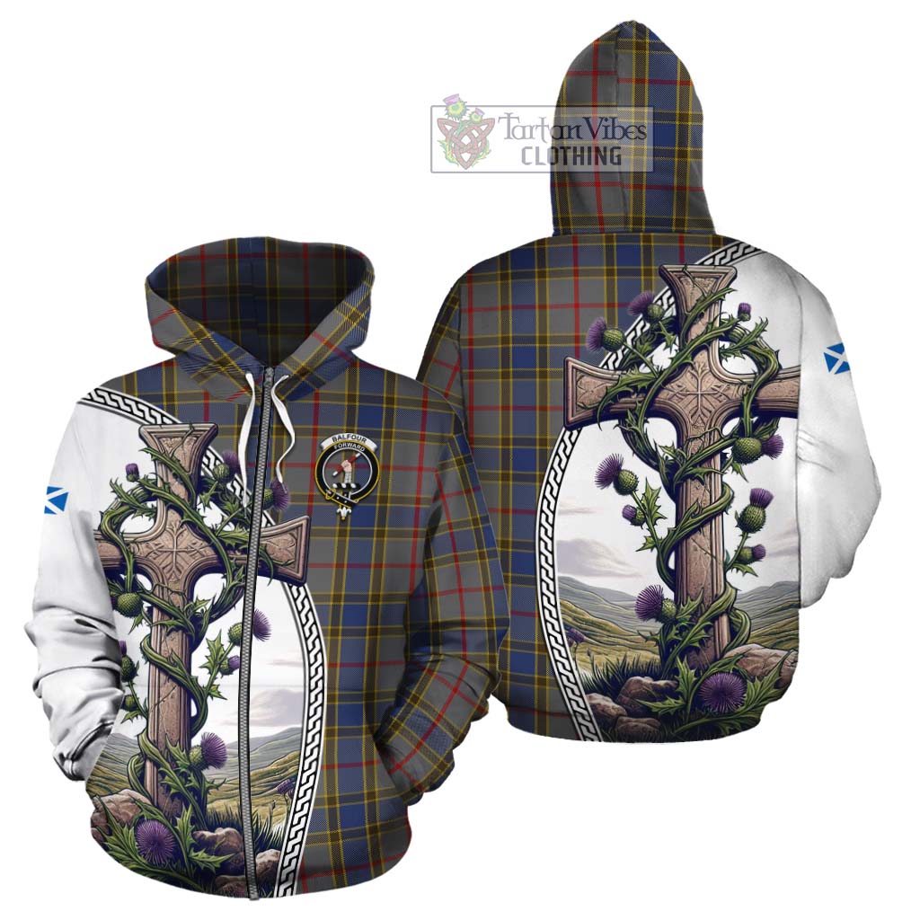 Tartan Vibes Clothing Balfour Tartan Cotton Hoodie with Family Crest and St. Andrew's Cross Accented by Thistle Vines