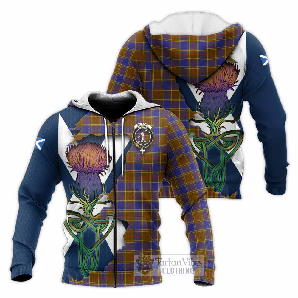 Tartan Vibes Clothing Balfour Tartan Family Crest Knitted Hoodie Scottish Thistle Celtic Inspired
