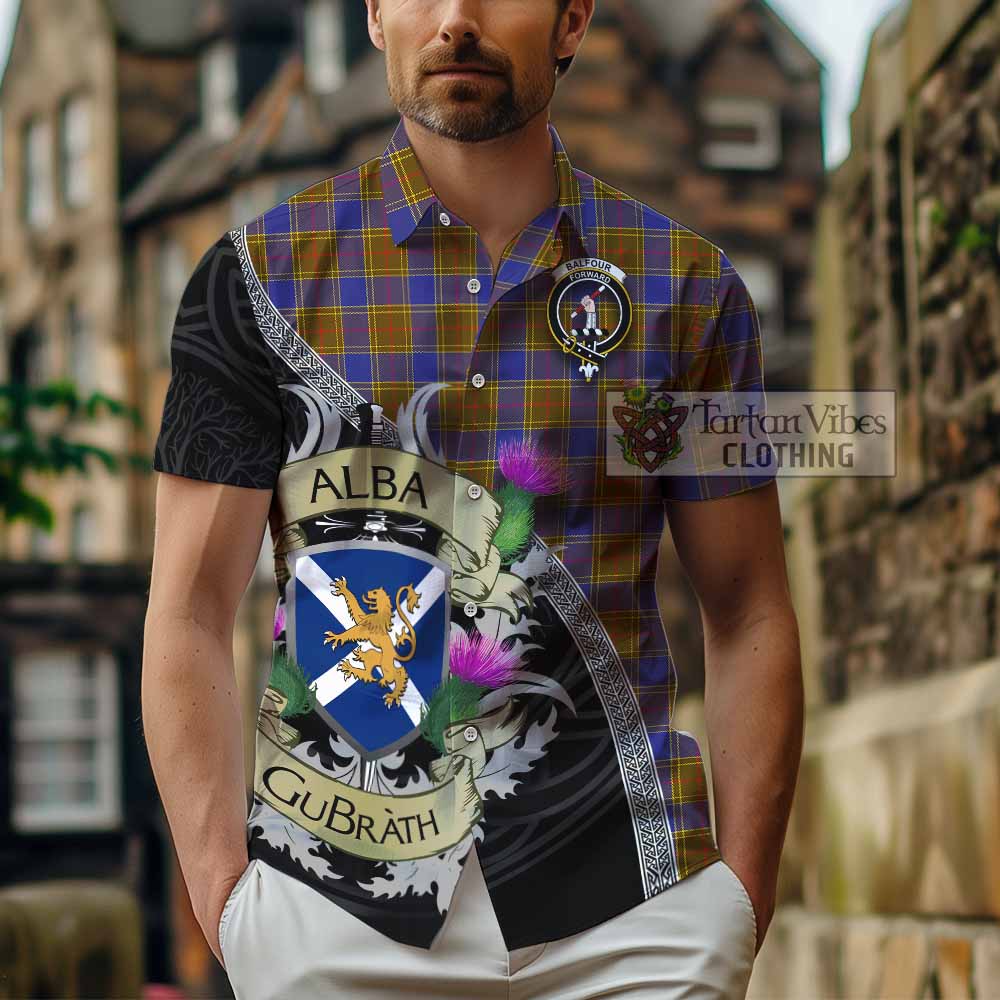 Tartan Vibes Clothing Balfour Tartan Family Crest Short Sleeve Button Shirt Lion Rampant Royal Thistle Shield Celtic Inspired