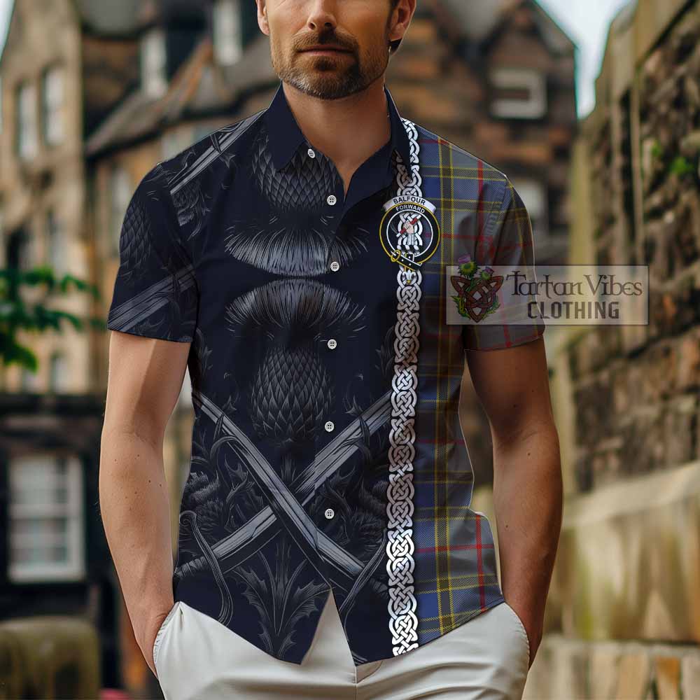 Tartan Vibes Clothing Balfour Tartan Short Sleeve Button Shirt with Family Crest Cross Sword Thistle Celtic Vibes
