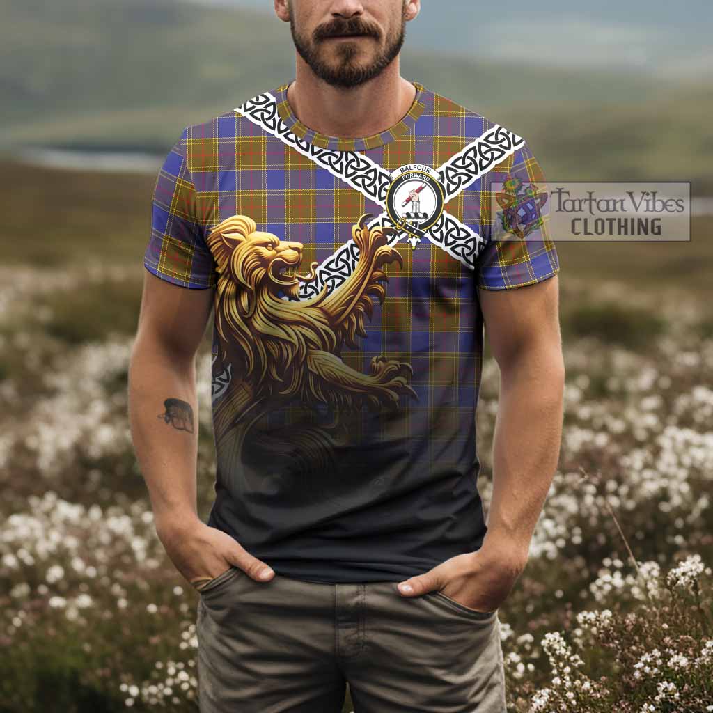 Tartan Vibes Clothing Balfour Crest Tartan T-Shirt with Golden Lion Emblem Celtic Style