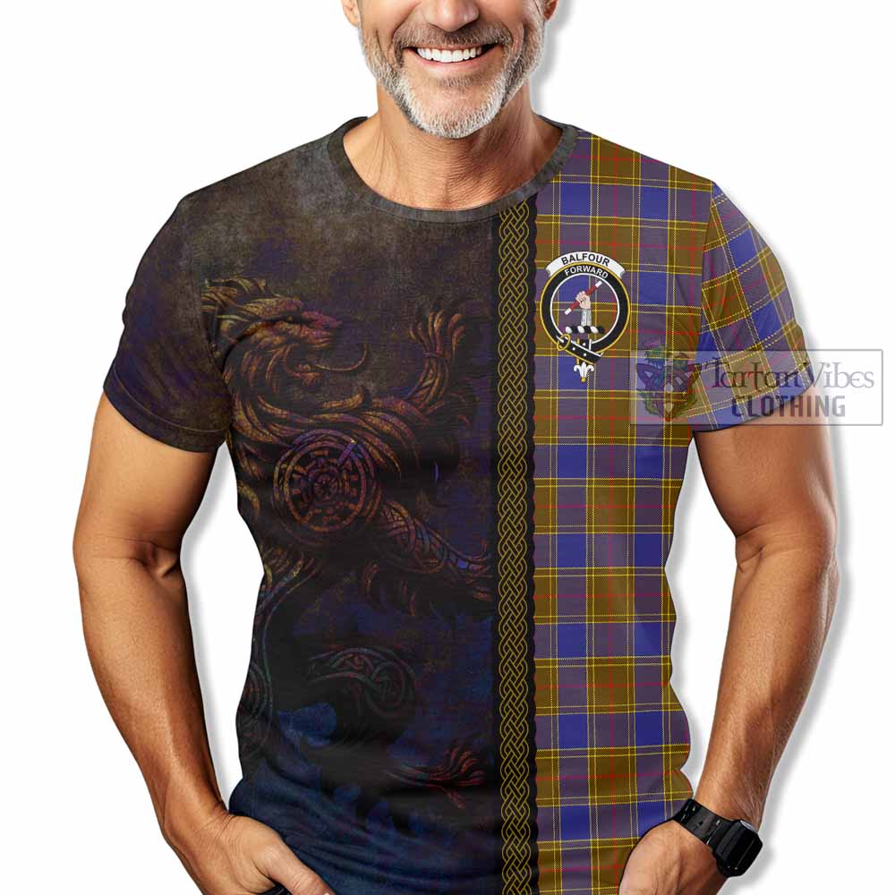 Tartan Vibes Clothing Balfour Tartan Family Crest T-Shirt Alba Gu Brath Be Brave Lion Ancient Style