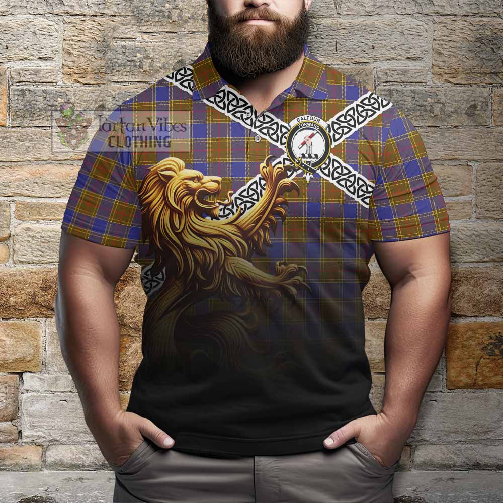 Tartan Vibes Clothing Balfour Crest Tartan Polo Shirt with Golden Lion Emblem Celtic Style