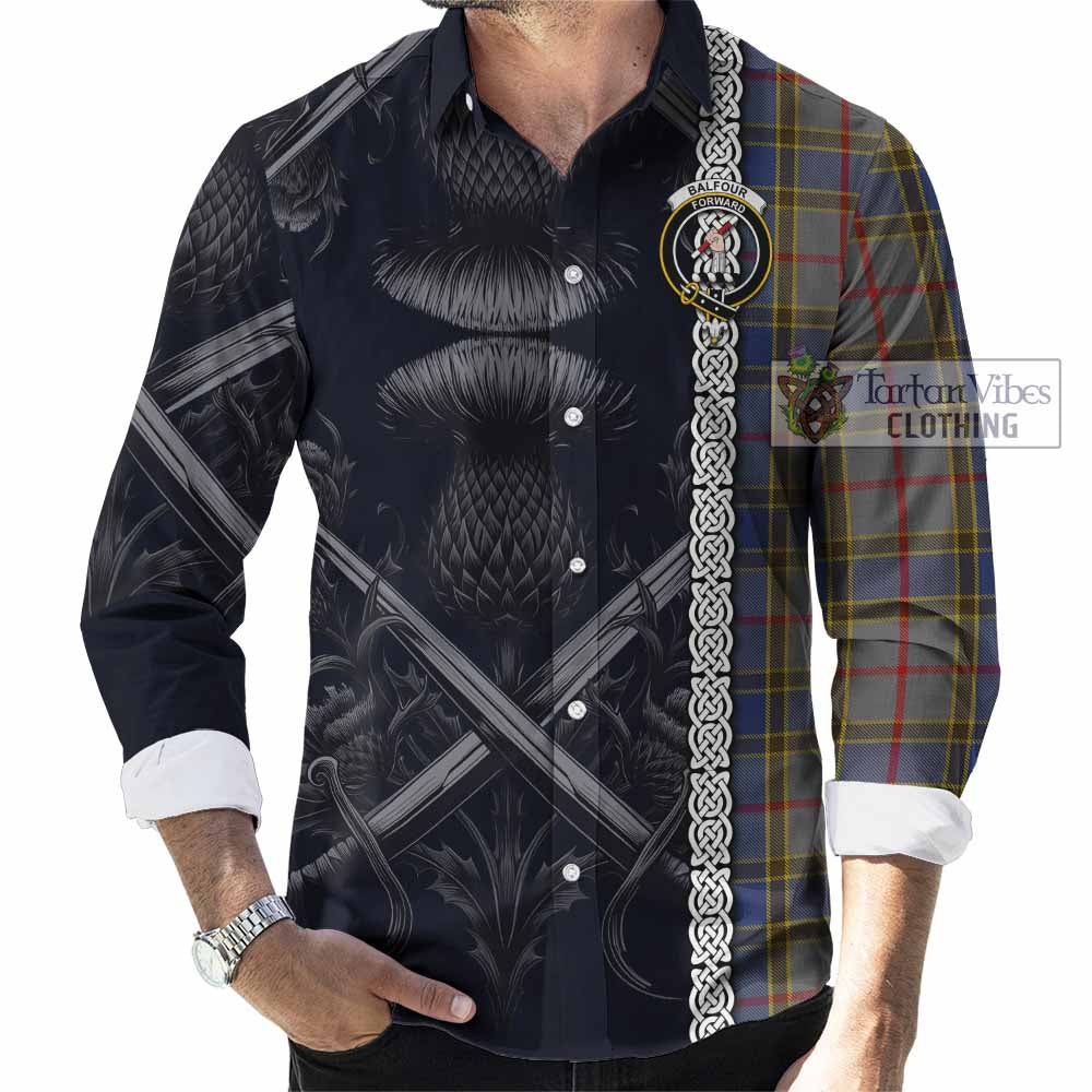 Tartan Vibes Clothing Balfour Tartan Long Sleeve Button Shirt with Family Crest Cross Sword Thistle Celtic Vibes