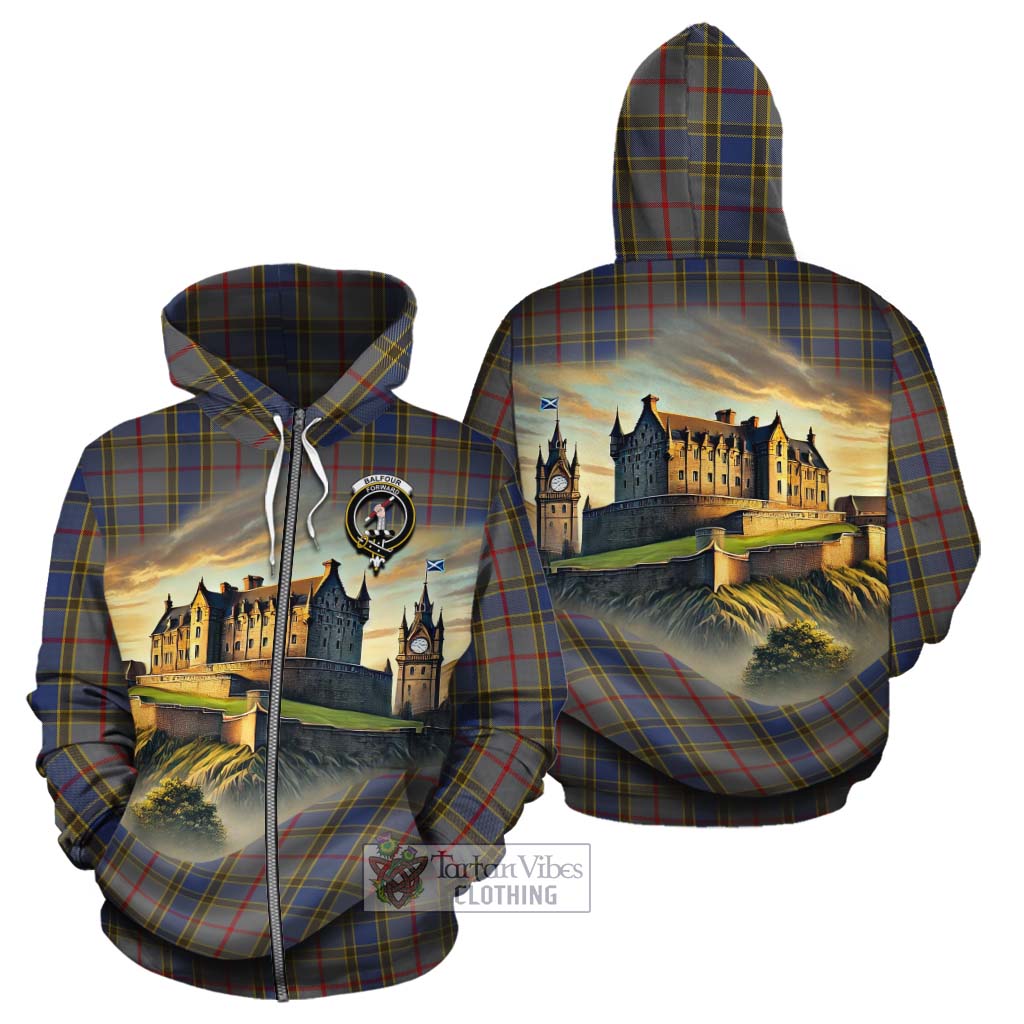 Tartan Vibes Clothing Balfour Tartan Family Crest Cotton Hoodie with Scottish Ancient Castle Style