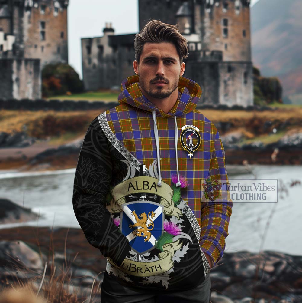 Tartan Vibes Clothing Balfour Tartan Family Crest Cotton Hoodie Lion Rampant Royal Thistle Shield Celtic Inspired