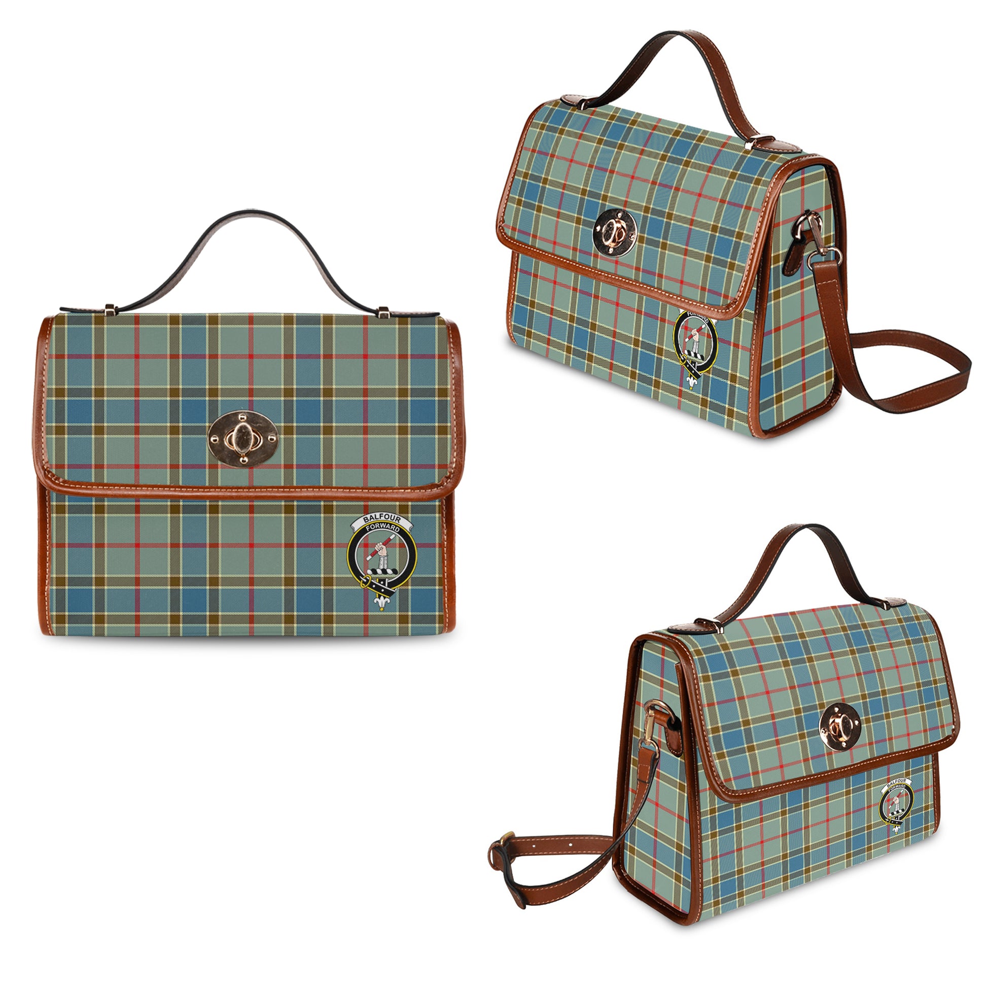 Balfour Blue Tartan Leather Strap Waterproof Canvas Bag with Family Crest One Size 34cm * 42cm (13.4" x 16.5") - Tartanvibesclothing