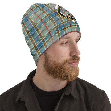 Balfour Blue Tartan Beanies Hat with Family Crest