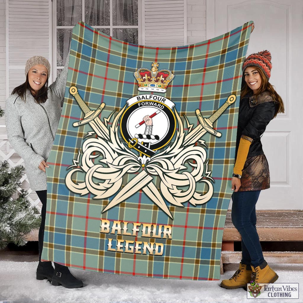 Tartan Vibes Clothing Balfour Blue Tartan Blanket with Clan Crest and the Golden Sword of Courageous Legacy