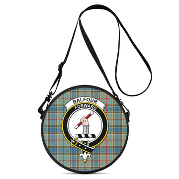 Balfour Blue Tartan Round Satchel Bags with Family Crest