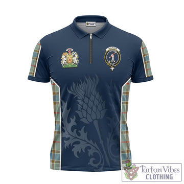 Balfour Blue Tartan Zipper Polo Shirt with Family Crest and Scottish Thistle Vibes Sport Style