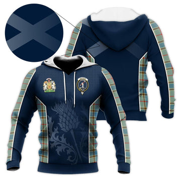 Balfour Blue Tartan Knitted Hoodie with Family Crest and Scottish Thistle Vibes Sport Style
