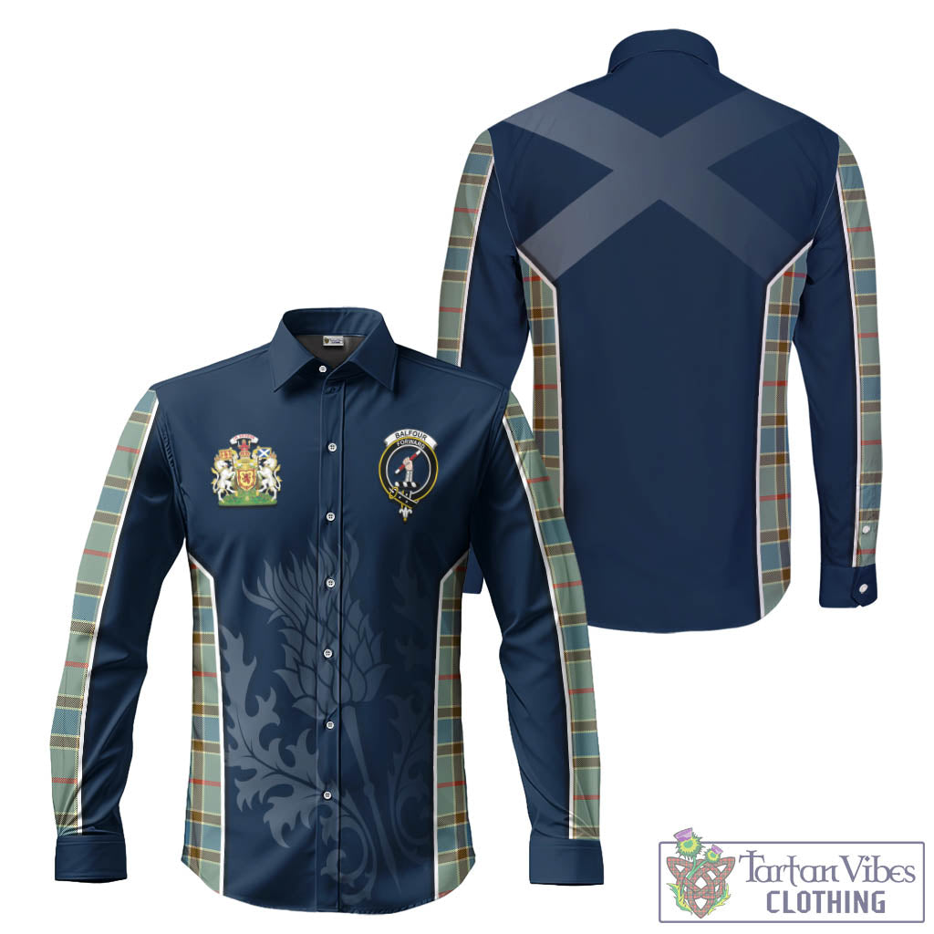 Tartan Vibes Clothing Balfour Blue Tartan Long Sleeve Button Up Shirt with Family Crest and Scottish Thistle Vibes Sport Style