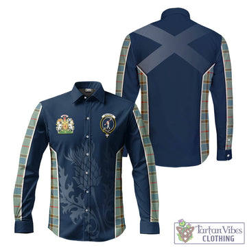 Balfour Blue Tartan Long Sleeve Button Up Shirt with Family Crest and Scottish Thistle Vibes Sport Style