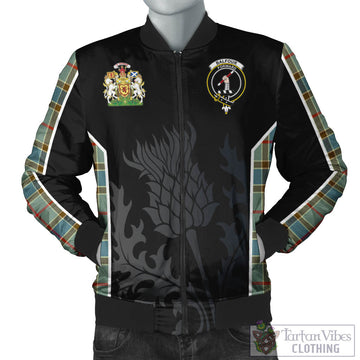 Balfour Blue Tartan Bomber Jacket with Family Crest and Scottish Thistle Vibes Sport Style