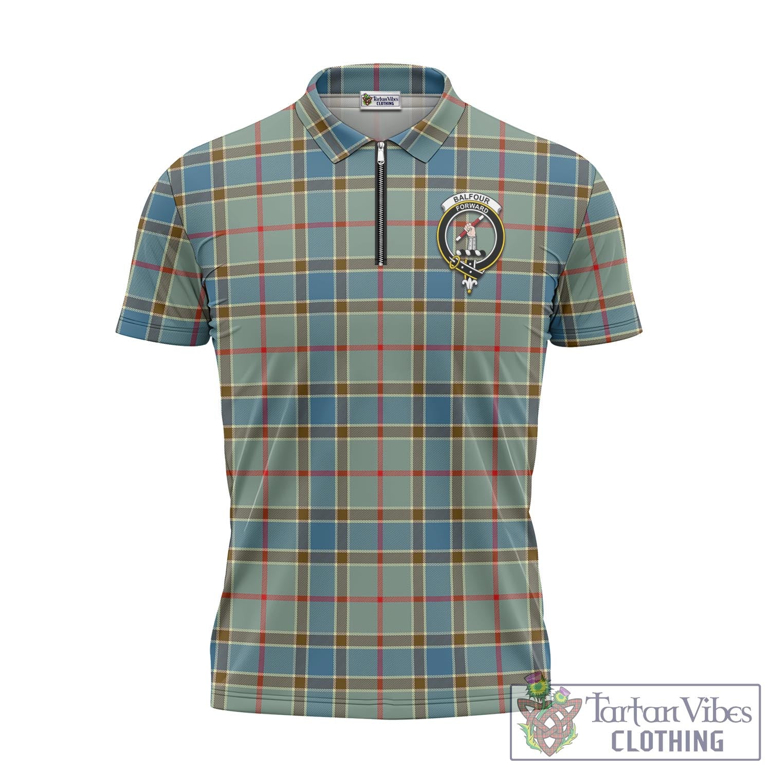 Tartan Vibes Clothing Balfour Blue Tartan Zipper Polo Shirt with Family Crest