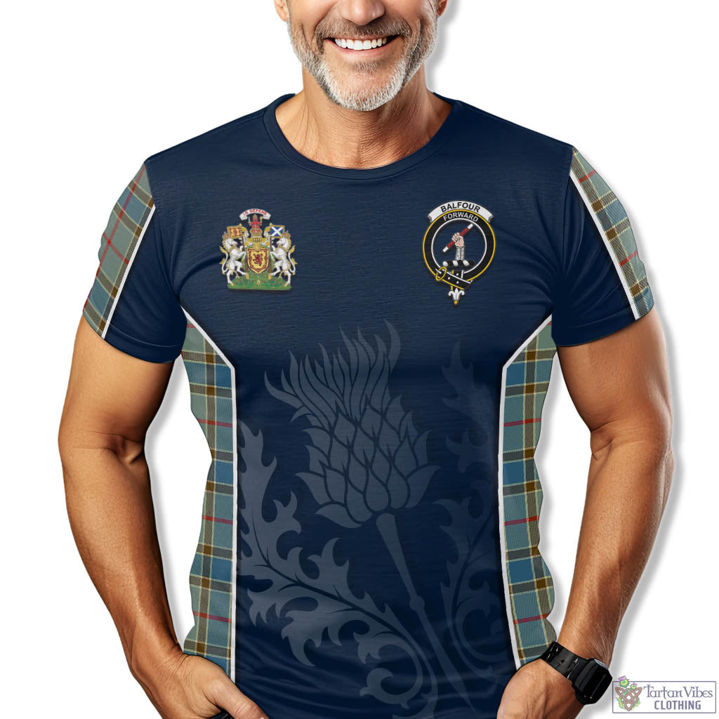 Tartan Vibes Clothing Balfour Blue Tartan T-Shirt with Family Crest and Scottish Thistle Vibes Sport Style