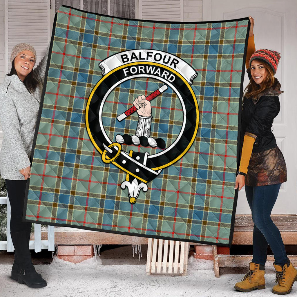 Balfour Blue Tartan Quilt with Family Crest - Tartanvibesclothing