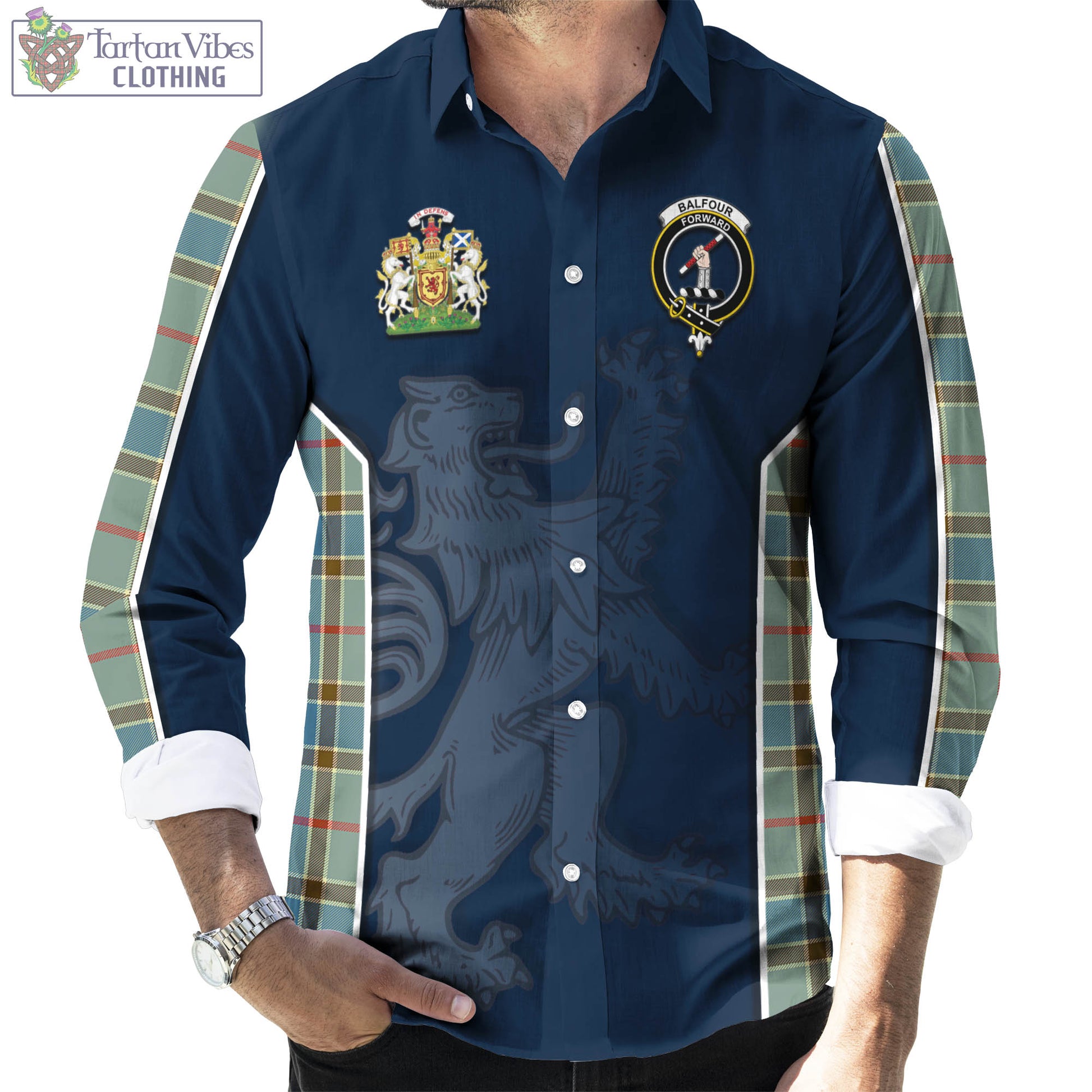 Tartan Vibes Clothing Balfour Blue Tartan Long Sleeve Button Up Shirt with Family Crest and Lion Rampant Vibes Sport Style