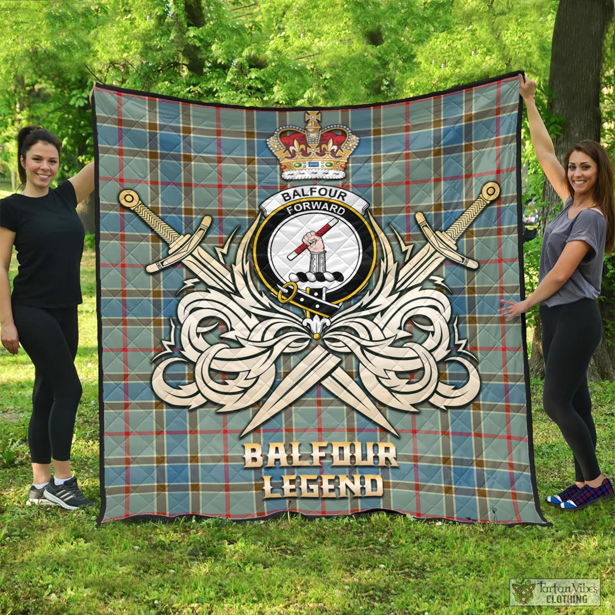 Tartan Vibes Clothing Balfour Blue Tartan Quilt with Clan Crest and the Golden Sword of Courageous Legacy