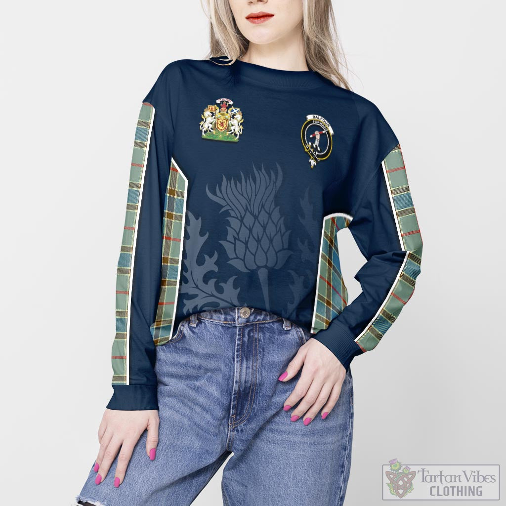 Tartan Vibes Clothing Balfour Blue Tartan Sweatshirt with Family Crest and Scottish Thistle Vibes Sport Style