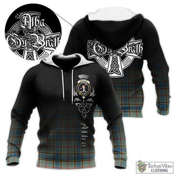 Balfour Blue Tartan Knitted Hoodie Featuring Alba Gu Brath Family Crest Celtic Inspired
