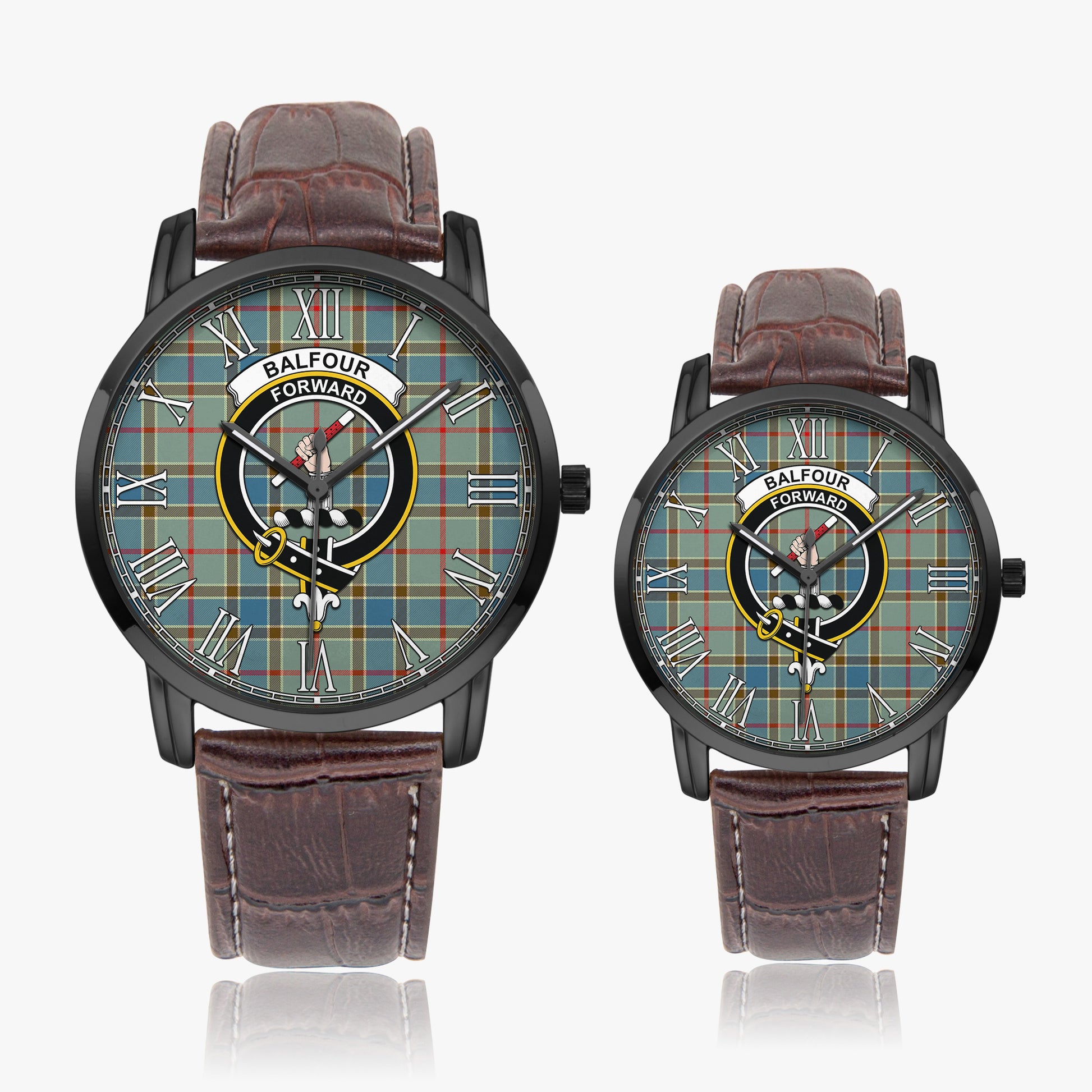Balfour Blue Tartan Family Crest Leather Strap Quartz Watch - Tartanvibesclothing